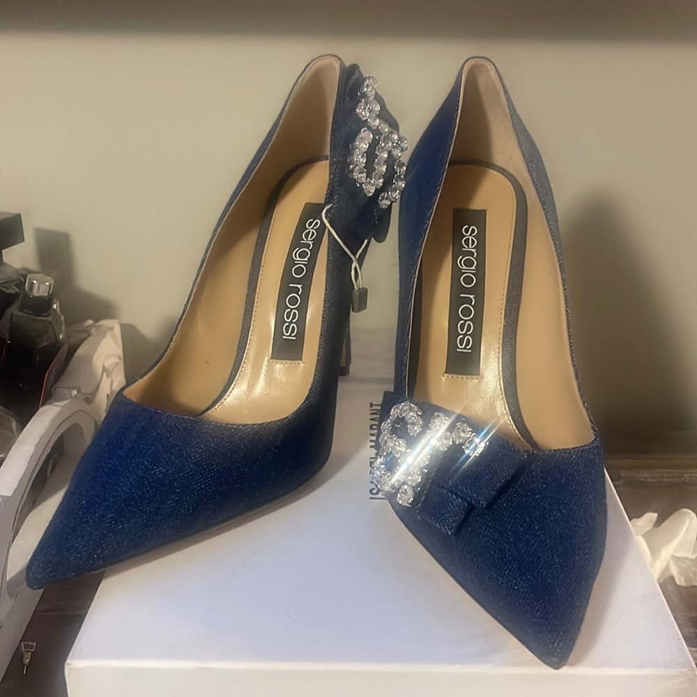 Sergio Rossi denim pump with rhinestone logo detail size 39.5Eu size 8.5US